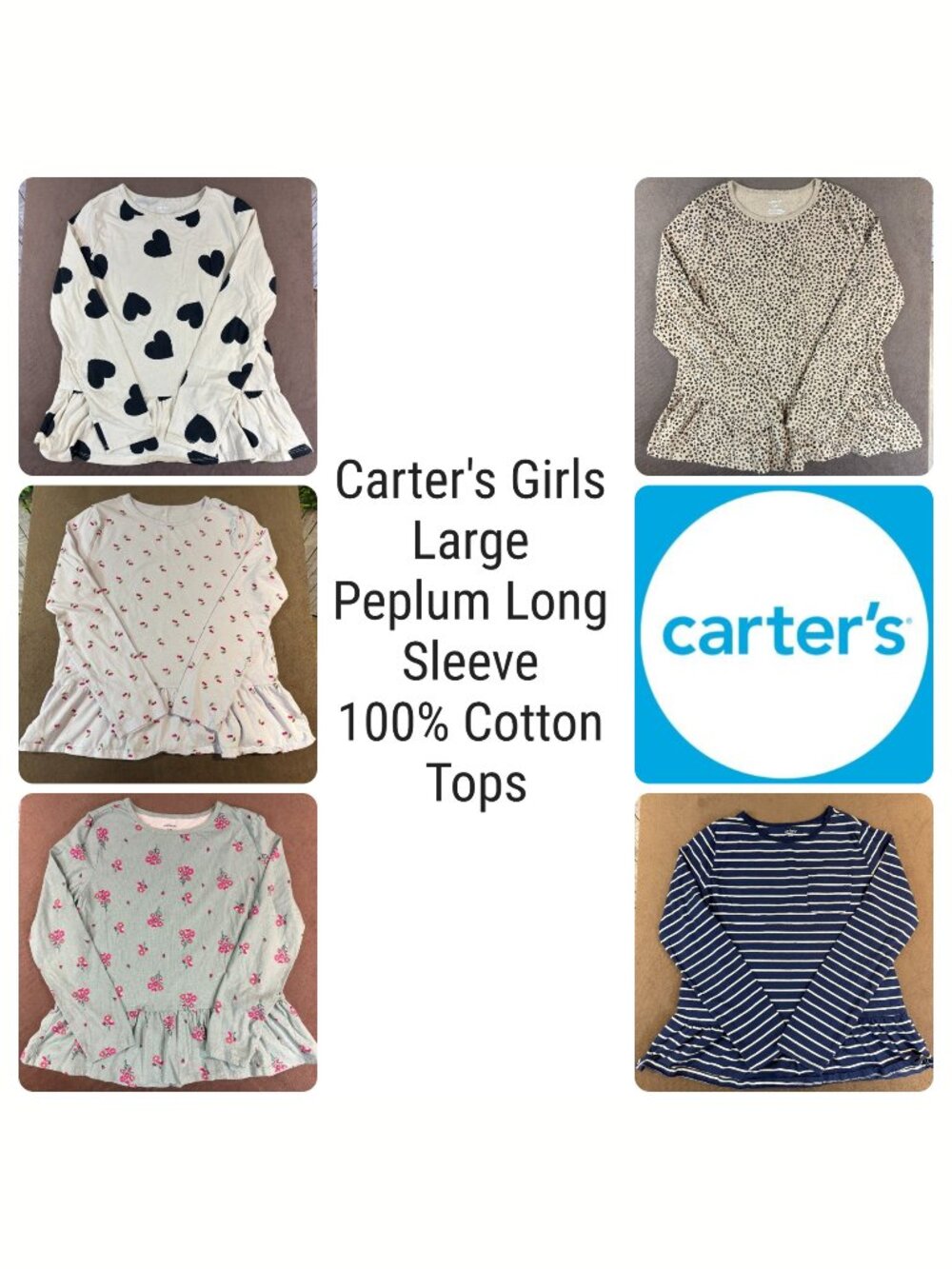 Carter's Girls 5 Pc Cotton Peplum Top Bundle Large Long Sleeve 10/12 (SKU:155G)